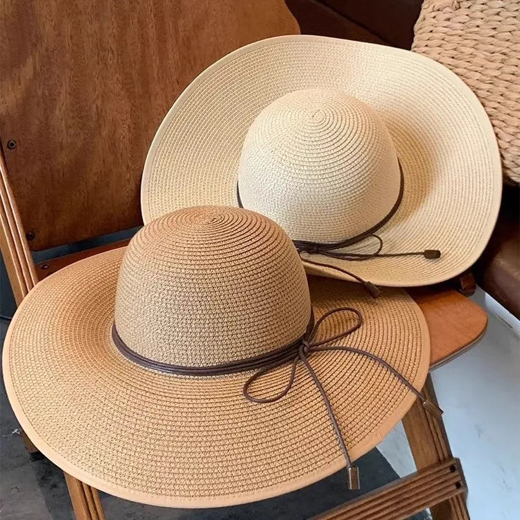 Fashion Women Straw Sun Hat Summer Wide Brim UV Protection Panama Hat with Belt Strap Outdoor Beach Vacation Travel Accessories