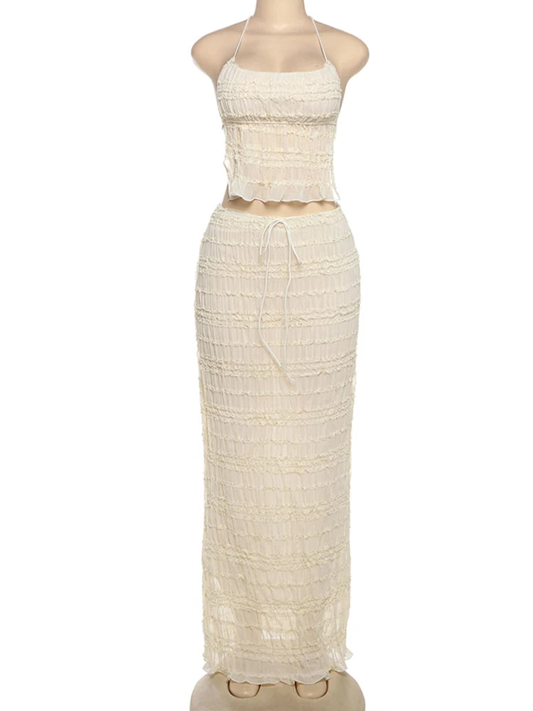 Mesh Backless 2 Piece Set Women Halter Lace-Up See through Crop Tops+Loose Elegant Long Skirts Vacation Trend Outfits