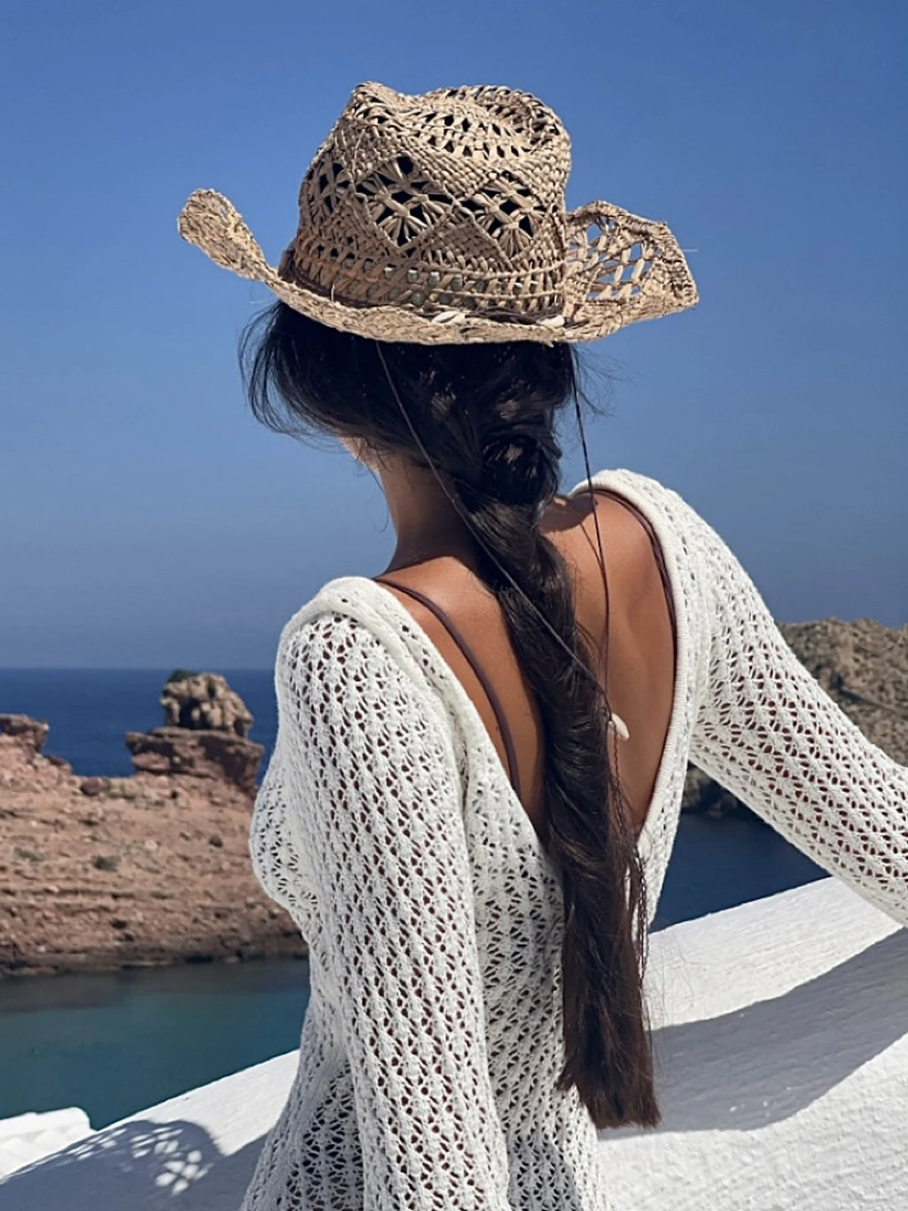 Women'S Slim-Fitting Knitted Dress, Casual Fashion Hollow Out Texture Long Sleeve Beach Cover-Up, Plain Style Short Beach Dress