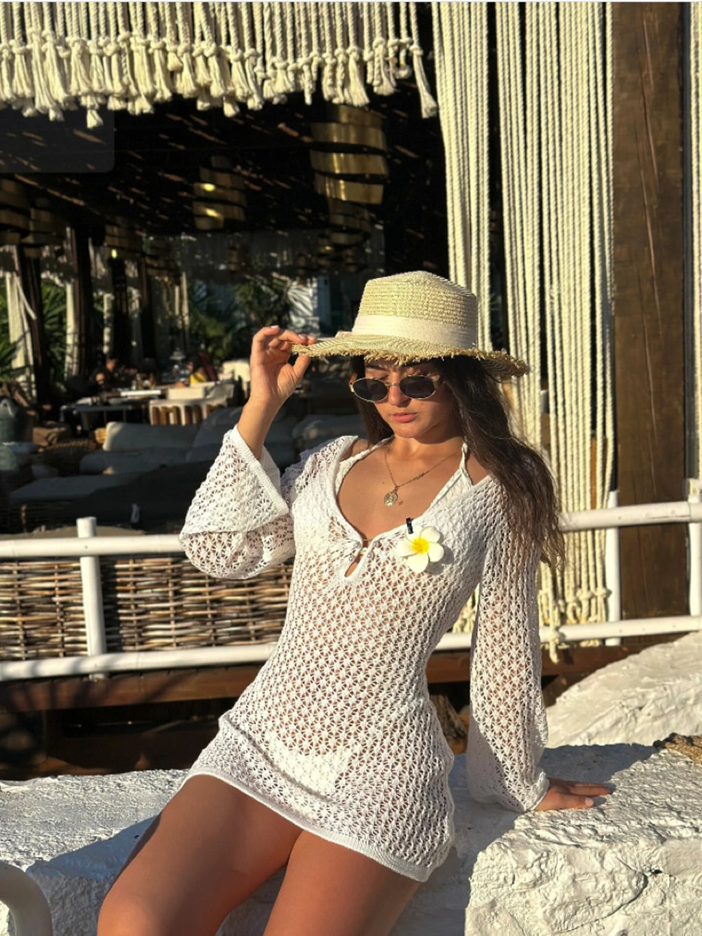 Women'S Slim-Fitting Knitted Dress, Casual Fashion Hollow Out Texture Long Sleeve Beach Cover-Up, Plain Style Short Beach Dress