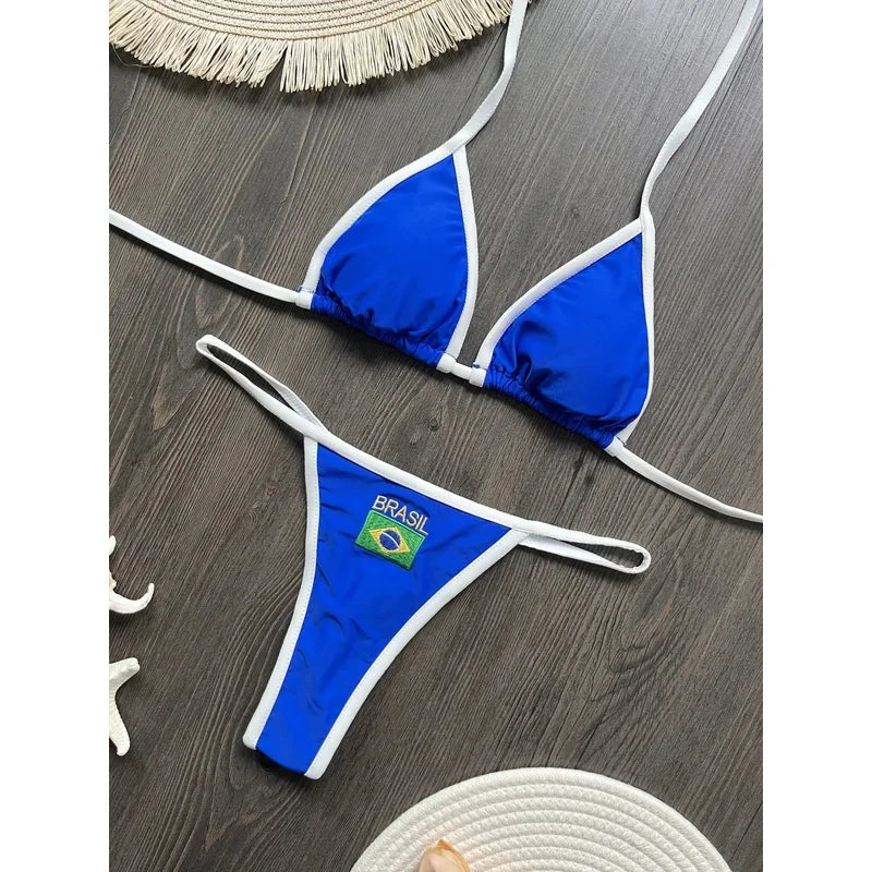 Embroidery Brasil Flag Contrast Split Bikini Set Women Swimwear Patchwork Swimsuit Hottie Outfit Summerbeachwear