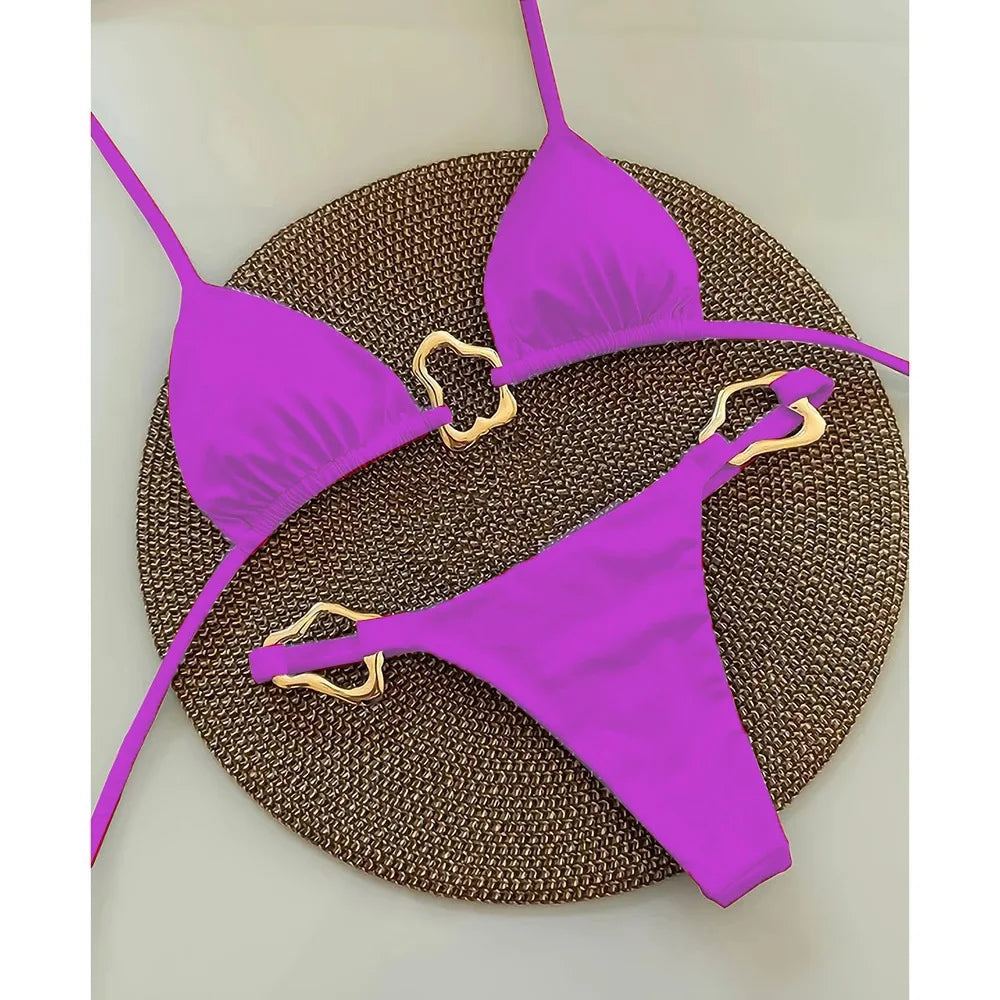 New Sexy Bikini Solid Color Lace-Up Split Two-Piece Swimsuit for Women
