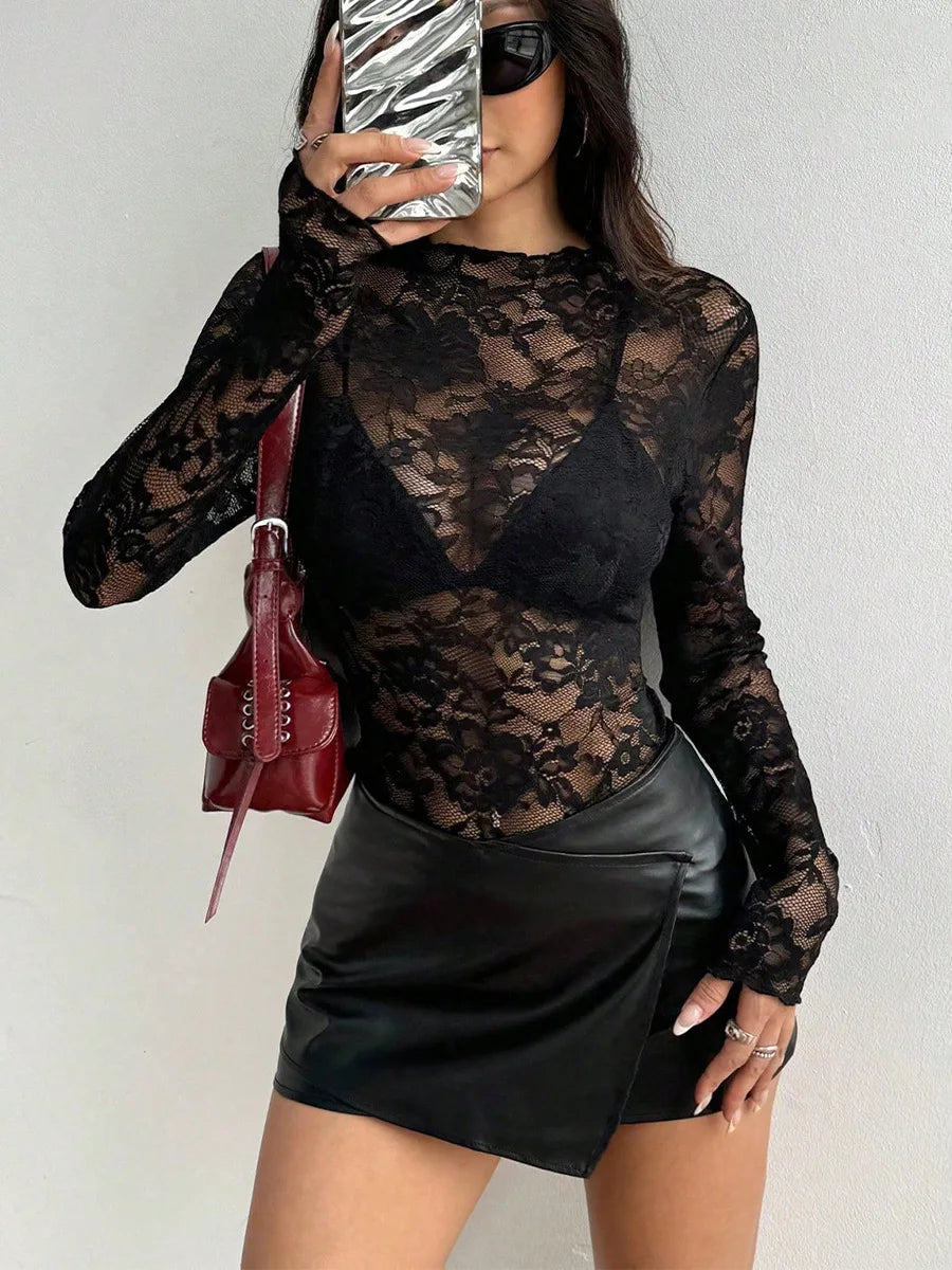 Women'S Summer New European and American Long Sleeved Rose Lace Shirt Sexy Semi Transparent Slim Fit Top
