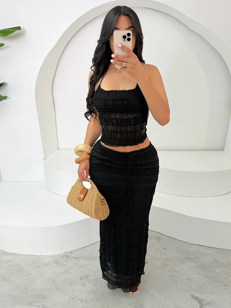 Mesh Backless 2 Piece Set Women Halter Lace-Up See through Crop Tops+Loose Elegant Long Skirts Vacation Trend Outfits