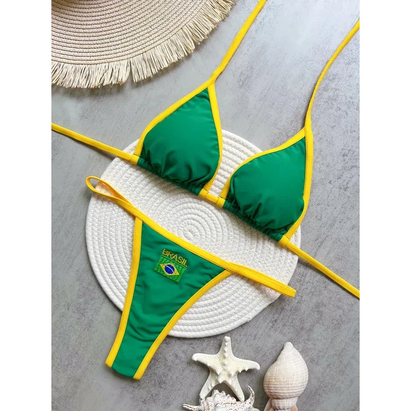Embroidery Brasil Flag Contrast Split Bikini Set Women Swimwear Patchwork Swimsuit Hottie Outfit Summerbeachwear