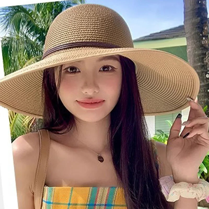 Fashion Women Straw Sun Hat Summer Wide Brim UV Protection Panama Hat with Belt Strap Outdoor Beach Vacation Travel Accessories