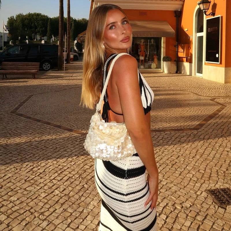 Knitwear 2 Piece-Set Striped Maxi Skirt Female Bustier Bandage and High Waist Long Skirt Sets Fashion Summer Women Outfits