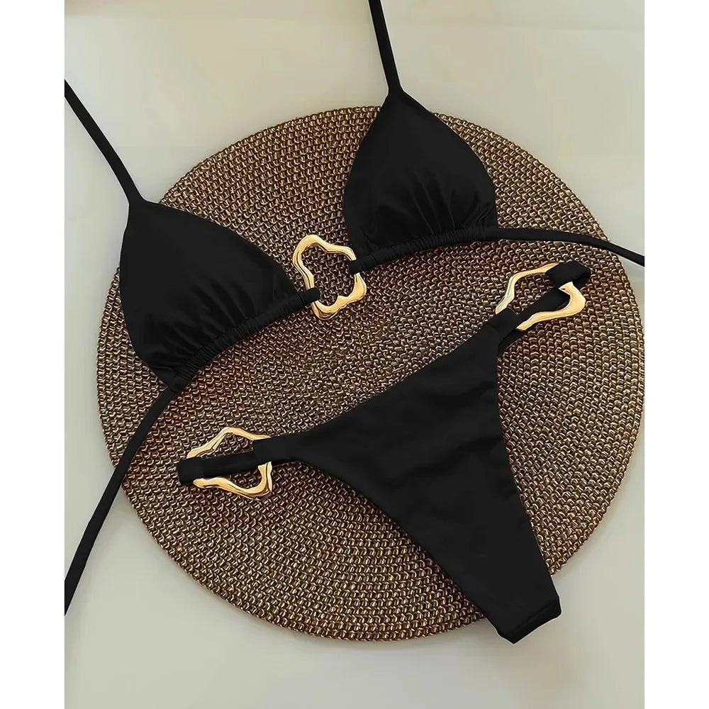 New Sexy Bikini Solid Color Lace-Up Split Two-Piece Swimsuit for Women