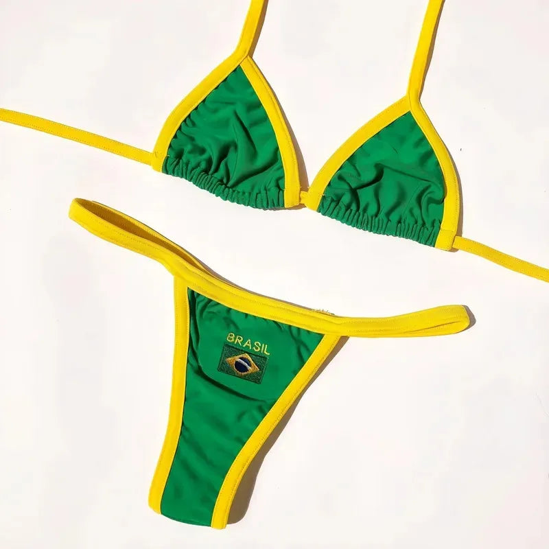 Embroidery Brasil Flag Contrast Split Bikini Set Women Swimwear Patchwork Swimsuit Hottie Outfit Summerbeachwear