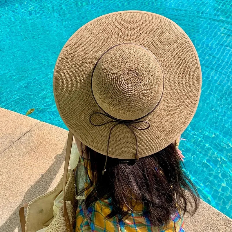 Fashion Women Straw Sun Hat Summer Wide Brim UV Protection Panama Hat with Belt Strap Outdoor Beach Vacation Travel Accessories