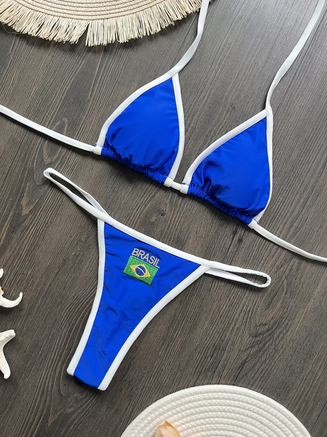 Embroidery Brasil Flag Contrast Split Bikini Set Women Swimwear Patchwork Swimsuit Hottie Outfit Summerbeachwear