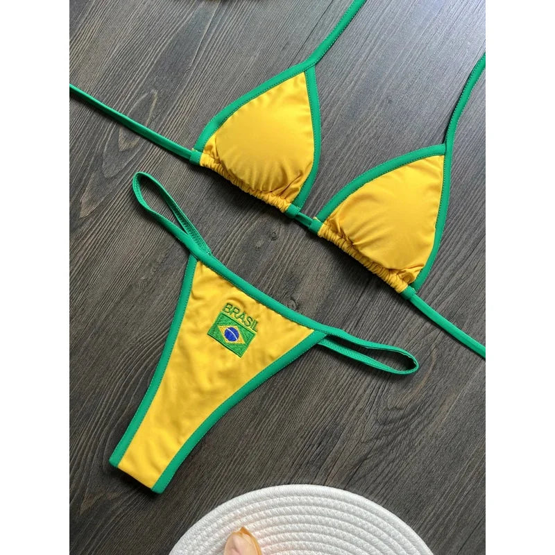 Embroidery Brasil Flag Contrast Split Bikini Set Women Swimwear Patchwork Swimsuit Hottie Outfit Summerbeachwear