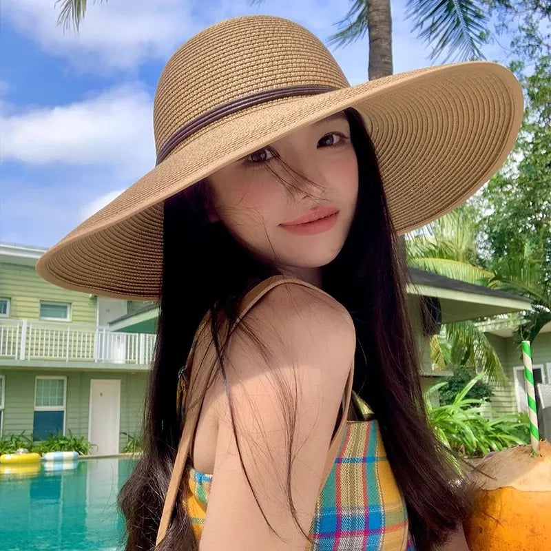 Fashion Women Straw Sun Hat Summer Wide Brim UV Protection Panama Hat with Belt Strap Outdoor Beach Vacation Travel Accessories