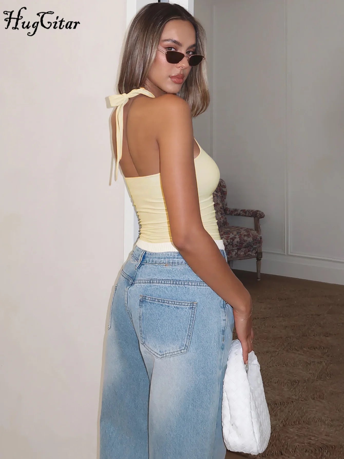 Women Fashion Halter Solid Loop Backless Bandage Sexy Crop Tank Top 2025 Summer Casual Clothes Streetwear Vacation Club