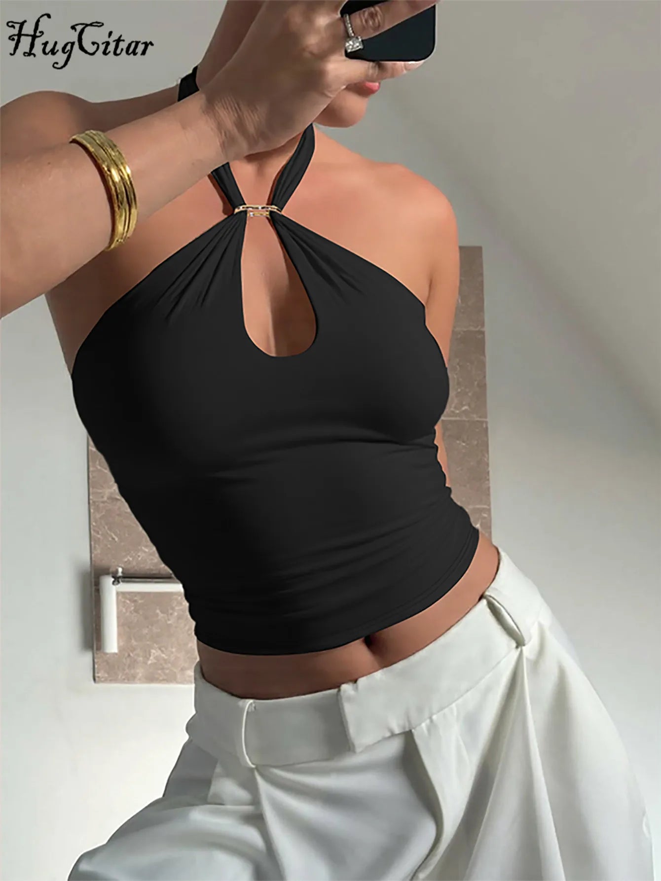 Women Fashion Halter Solid Loop Backless Bandage Sexy Crop Tank Top 2025 Summer Casual Clothes Streetwear Vacation Club