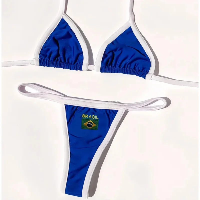 Embroidery Brasil Flag Contrast Split Bikini Set Women Swimwear Patchwork Swimsuit Hottie Outfit Summerbeachwear