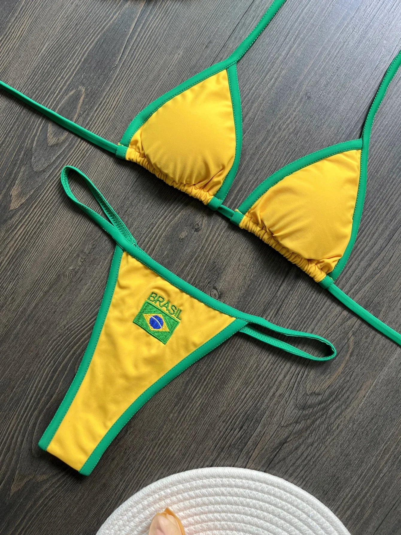 Embroidery Brasil Flag Contrast Split Bikini Set Women Swimwear Patchwork Swimsuit Hottie Outfit Summerbeachwear