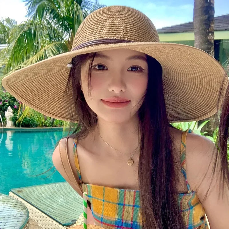 Fashion Women Straw Sun Hat Summer Wide Brim UV Protection Panama Hat with Belt Strap Outdoor Beach Vacation Travel Accessories