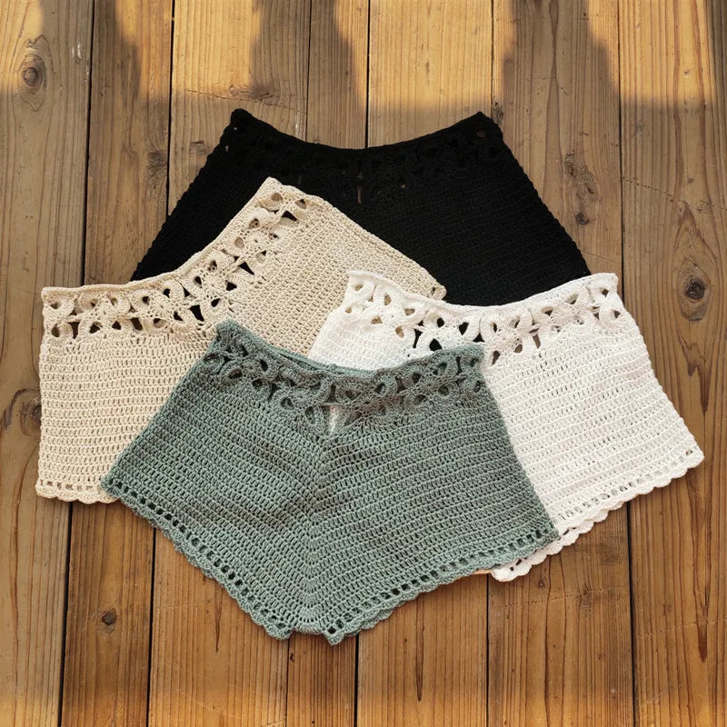 Summer Women'S Crochet Cutout Swim Shorts Bathing Suit Bottoms Beach Style Drawstring Beach Board Shorts Swim Trunks