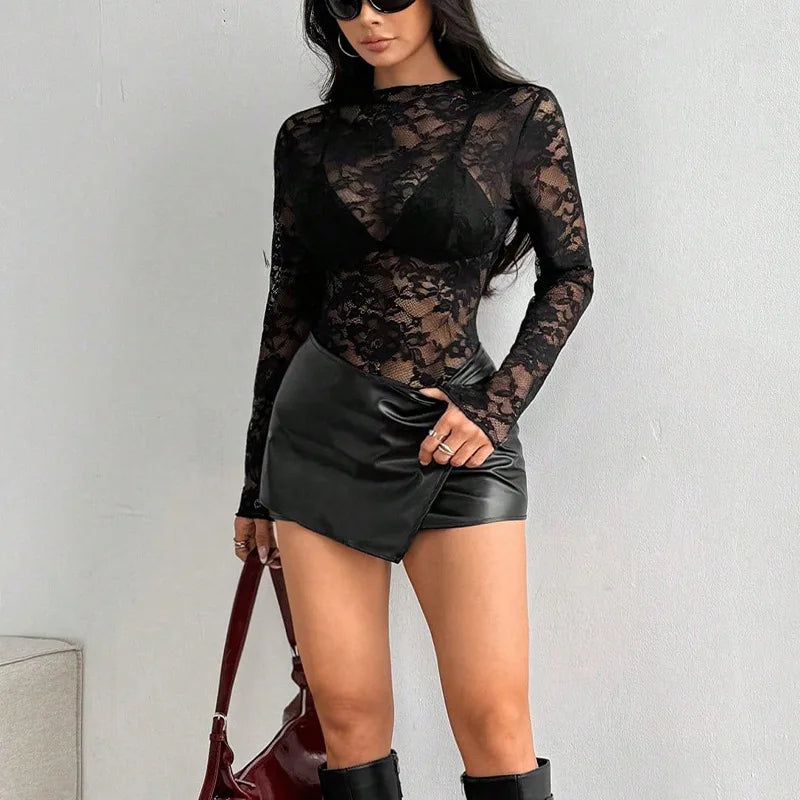 Women'S Summer New European and American Long Sleeved Rose Lace Shirt Sexy Semi Transparent Slim Fit Top