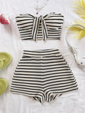 Women'S Elegant 2-Piece Fashion Striped Set with Butterfly Detail Top and High-Waisted Shorts, Perfect for Holiday, Date, Aftern