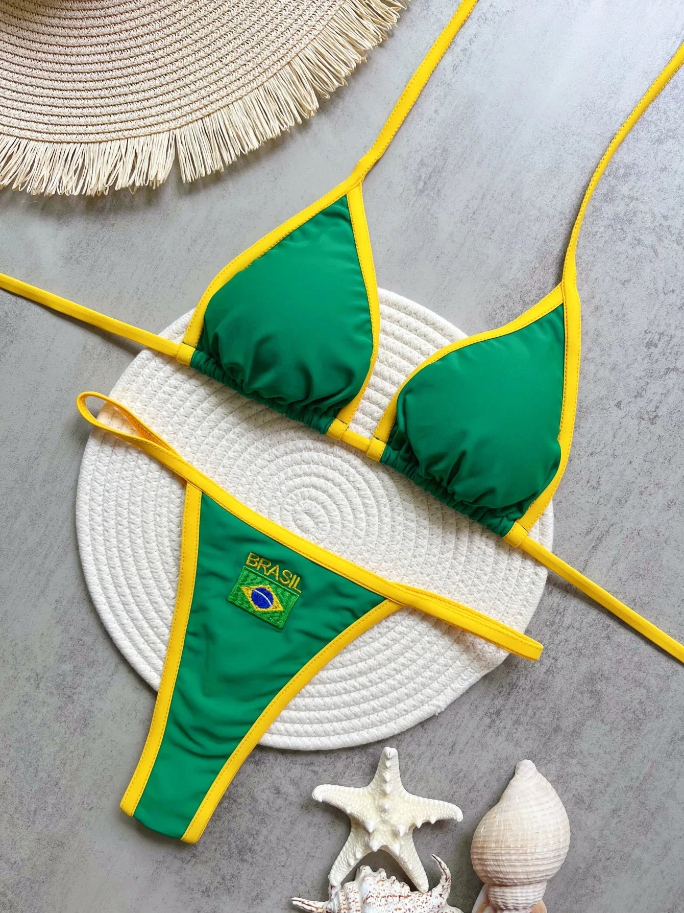 Embroidery Brasil Flag Contrast Split Bikini Set Women Swimwear Patchwork Swimsuit Hottie Outfit Summerbeachwear