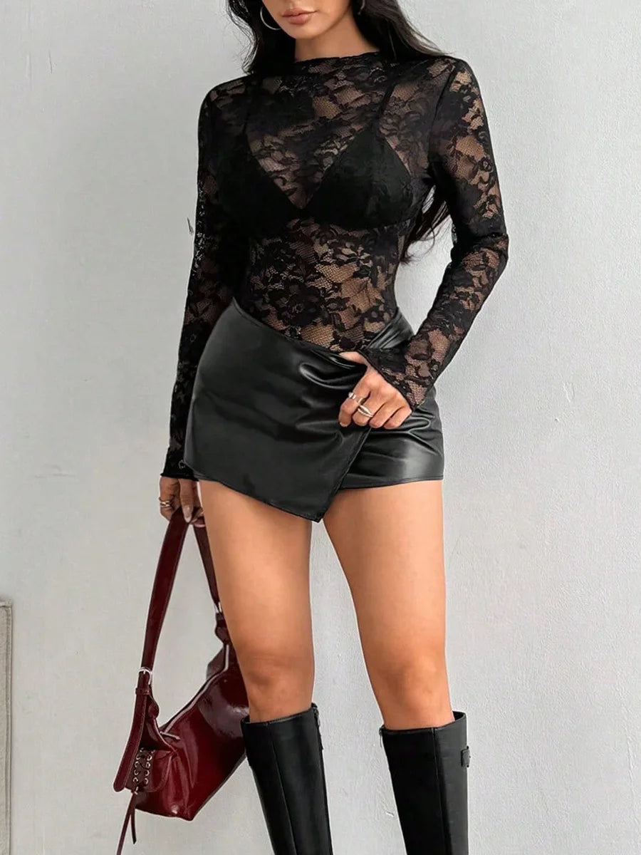 Women'S Summer New European and American Long Sleeved Rose Lace Shirt Sexy Semi Transparent Slim Fit Top