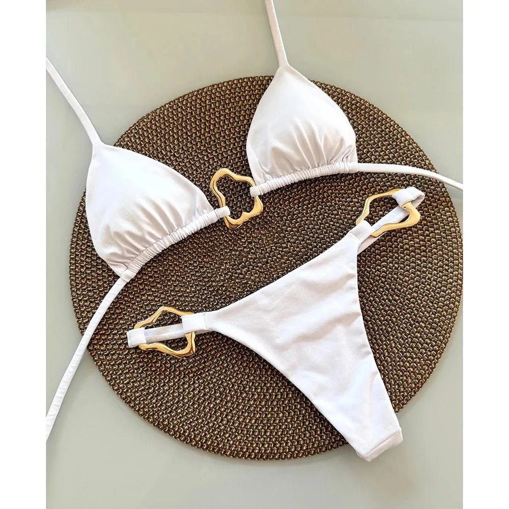New Sexy Bikini Solid Color Lace-Up Split Two-Piece Swimsuit for Women
