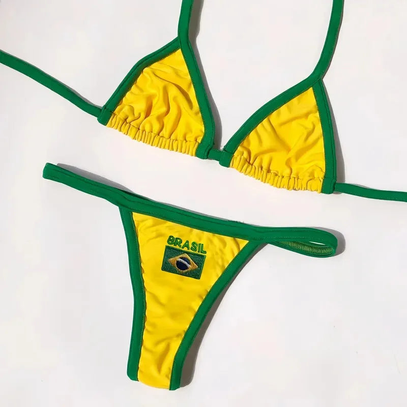 Embroidery Brasil Flag Contrast Split Bikini Set Women Swimwear Patchwork Swimsuit Hottie Outfit Summerbeachwear