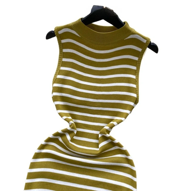Sleeveless Mock Neck Mustard Yellow Mini Dress Women'S Striped Sundress Stretchy Ribbed Knit Bodycon Casual Summer Party Dress
